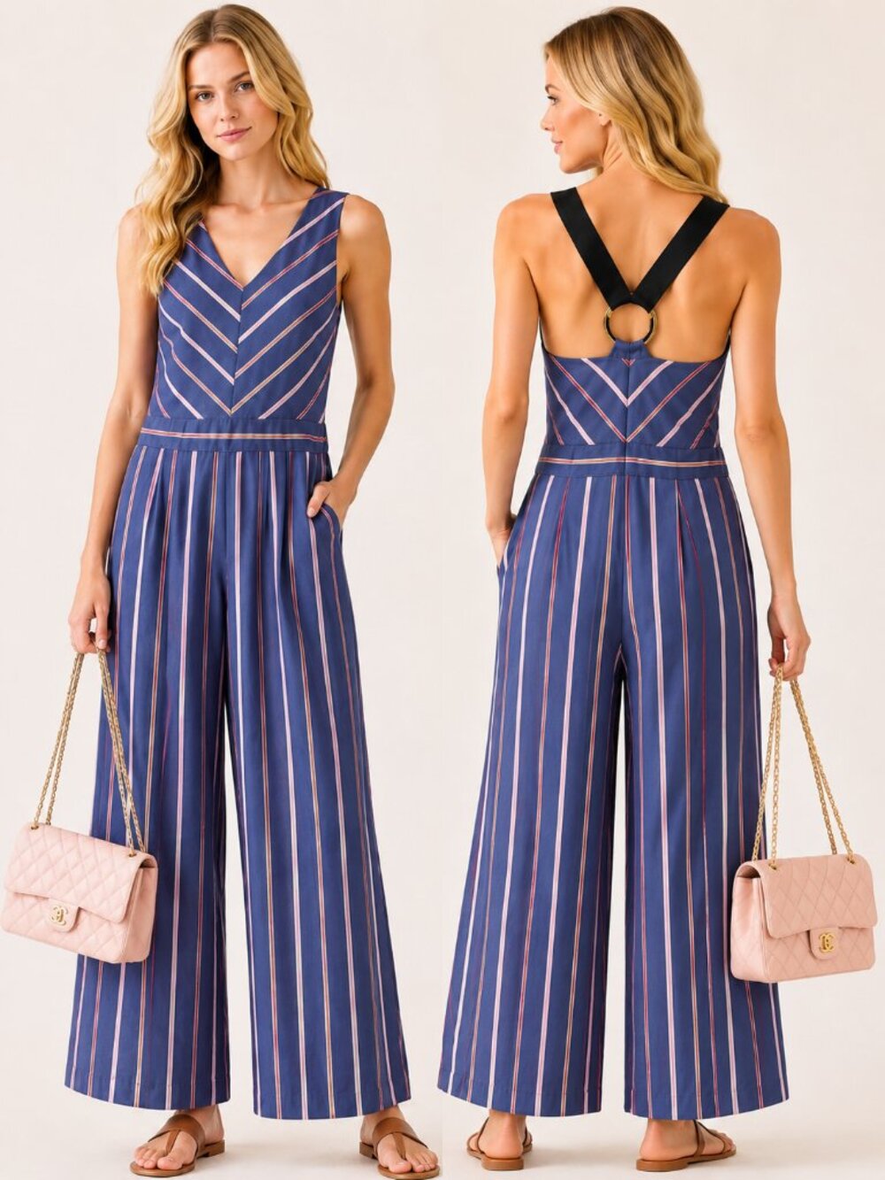 1901 Blue Pink Striped Cotton Wide Leg Jumpsuit Sleeveless Summer Vacation 8